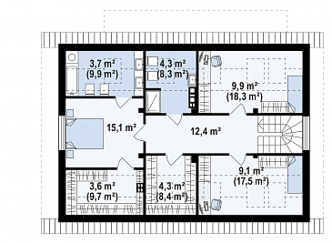 Проект одноэтажного мансардного дома из газобетона классической формы и планировки, с пятью комнатами / План мансардного этажа