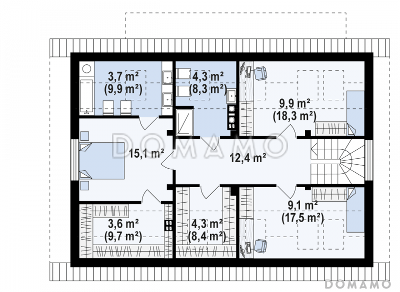 Проект одноэтажного мансардного дома из газобетона классической формы и планировки, с пятью комнатами / План мансардного этажа