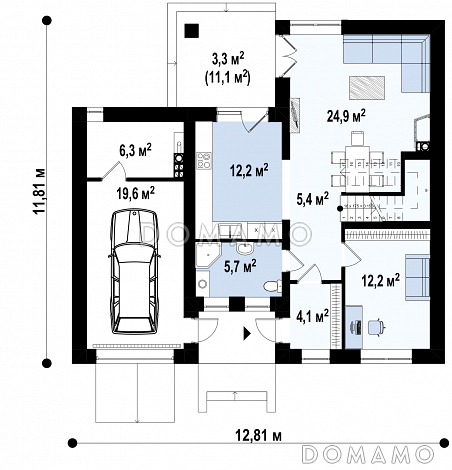 Проект загородного дома с гаражом на один автомобиль, кабинетом, крытой террасой,  балконом / План 1 этажа