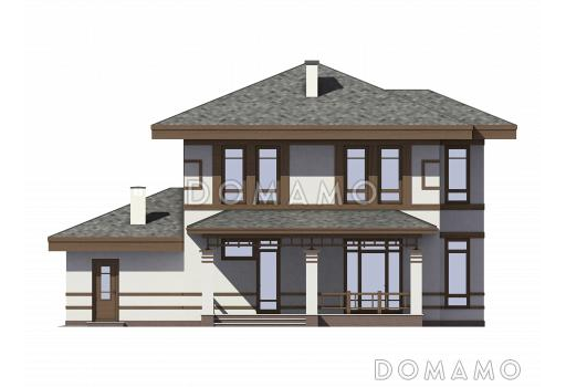 Проект двухэтажного газобетонного дома с гаражом,, масштабным остеклением и двумя террасами / Фасад 4