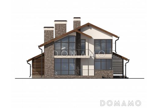 Проект дома с панорамными окнами, гаражом на одну машину, спальней с выходом на террасу, сауной / Фасад 1