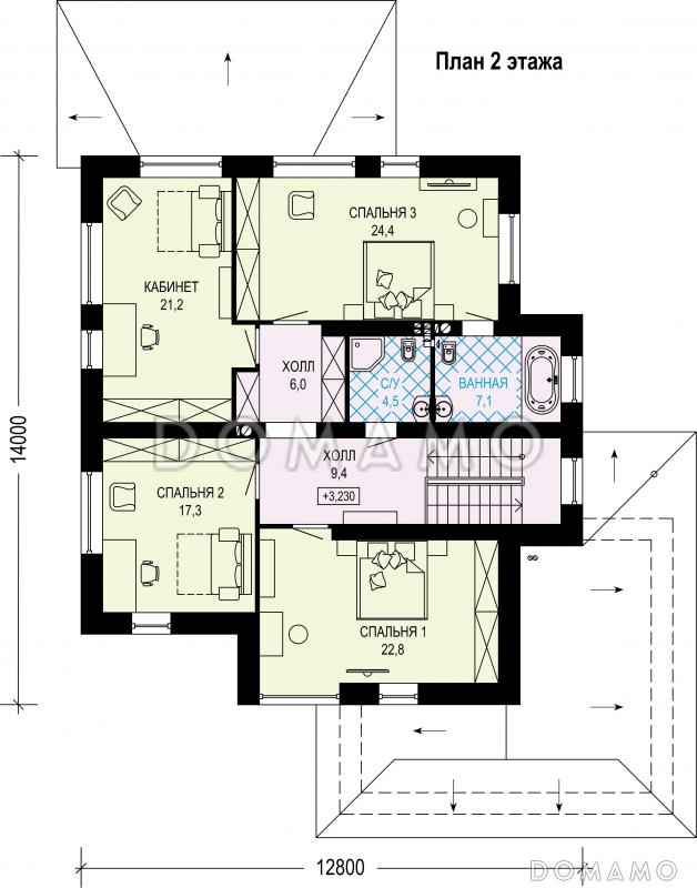 Проект двухэтажного дома из газобетона с гаражом на два машиноместа / План 2 этажа