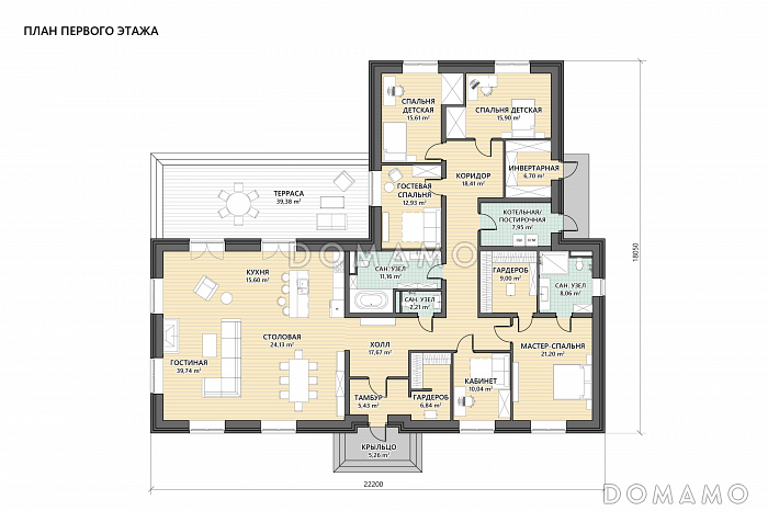 Проект дома с 4 спальнями, кабинетом и просторной дневной зоной с террасой / План 1 этажа