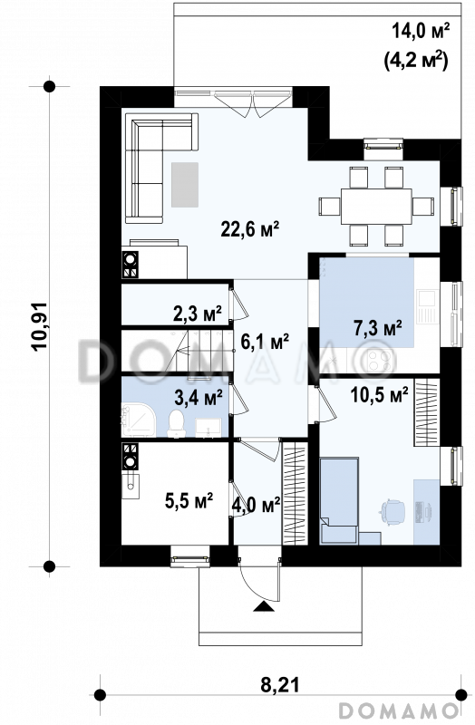 Проект компактного одноэтажного мансардного дома из газобетона с тремя спальнями и кабинетом / План 1 этажа