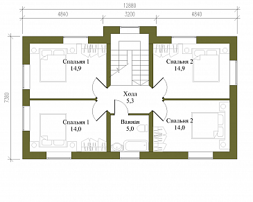 Проект компактного двухэтажного коттеджа из СИП панелей с пятью спальнями / План 2 этажа Проект компактного двухэтажного коттеджа из СИП панелей с пятью спальнями / План 2 этажа
