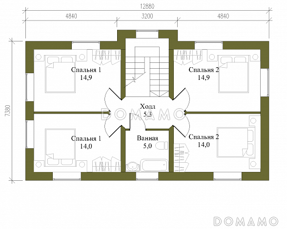 Проект компактного двухэтажного коттеджа из СИП панелей с пятью спальнями / План 2 этажа Проект компактного двухэтажного коттеджа из СИП панелей с пятью спальнями / План 2 этажа