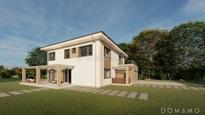 Проект двухэтажного дома с крытой террасой на первом и открытой террасой на втором этажах Проект двухэтажного дома с крытой террасой на первом и открытой террасой на втором этажах