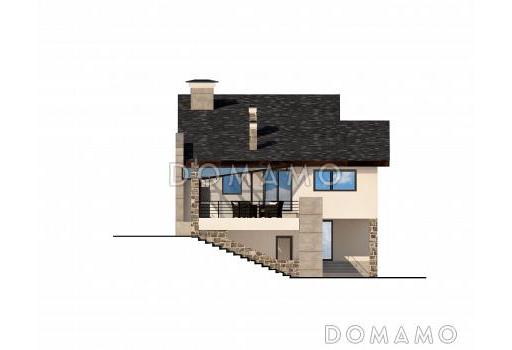 Проект дома с косой крышей, гаражом на две машины, просторной гостиной с камином, хозяйской спальней с камином и балконом, крытой террасой / Фасад 4