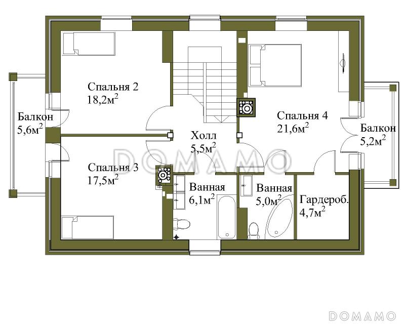 Проект двухэтажного коттеджа с террасой для узкого участка / План 2 этажа