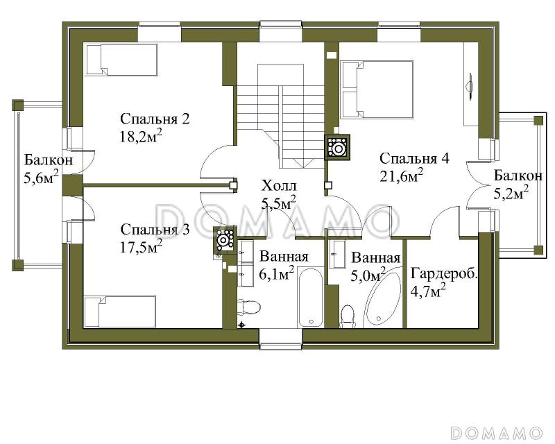 Проект двухэтажного коттеджа с террасой для узкого участка / План 2 этажа