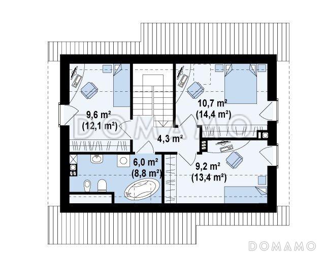 Проект компактного одноэтажного мансардного дома из кирпича с кабинетом и тремя спальнями / План мансардного этажа
