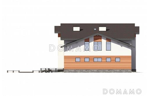 Проект дома с гаражом, двумя открытыми террасами, кабинетами, игровой на втором этаже, кладовыми / Фасад 2