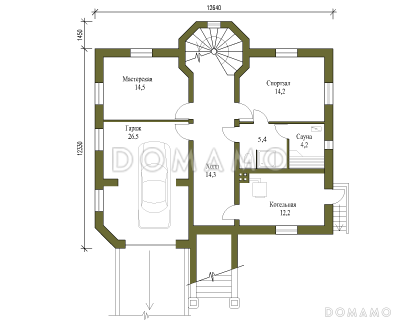Проект двухэтажного коттеджа с остеклённой верандой / План цокольного этажа