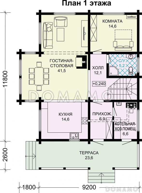 Проект дома из бруса с 4 спальнями, террасой, балконом и вторым светом / План 1 этажа