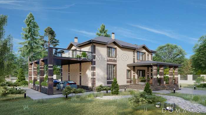 Проект двухэтажного кирпичного дома со вторым светом, навесом для автомобиля и открытой террасой на втором этаже Проект двухэтажного кирпичного дома со вторым светом, навесом для автомобиля и открытой террасой на втором этаже