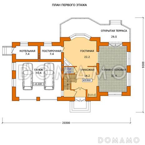 Проект дома с цокольным этажом и большой кухней-столовой / План 1 этажа