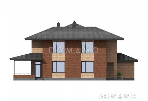 Проект двухэтажного загородного дома с террасой, гостевым блоком с кухней и санузлом, кабинетом / Фасад 2