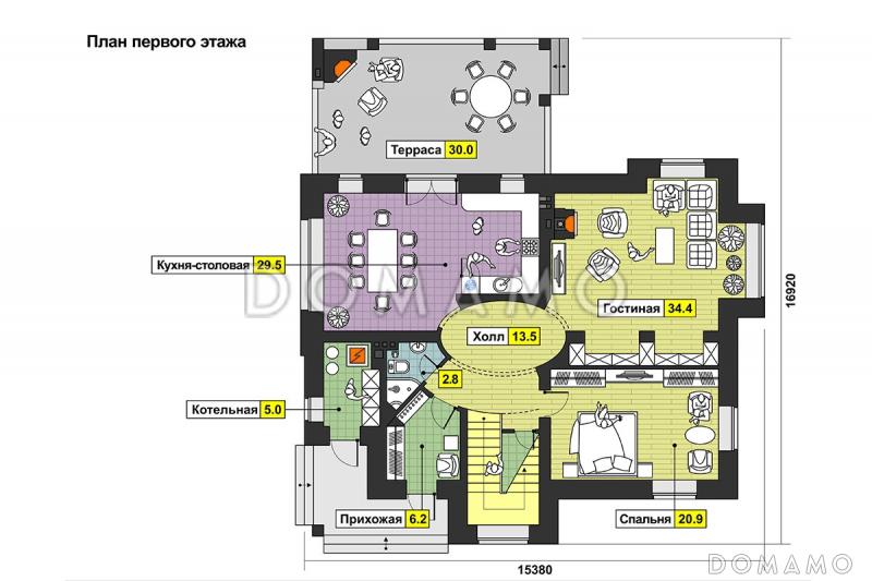 Проект дома с овальным холлом, террасой с барбекю, спальней на первом этаже, хозяйской ванной / План 1 этажа