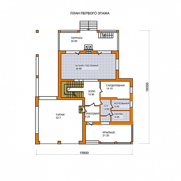 Проект дома из кирпича с экономичной двускатной крышей и навесом для автомобиля / План 1 этажа Проект дома из кирпича с экономичной двускатной крышей и навесом для автомобиля / План 1 этажа