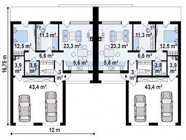 Проект современных мансардных домов-близнецов из кирпича с большим гаражом, открытой террасой на втором этаже и четырьмя спальнями / План 1 этажа