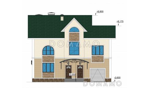 Проект двухэтажного коттеджа с цоколем, с гаражом и отдельным входом в кабинет / Фасад 1