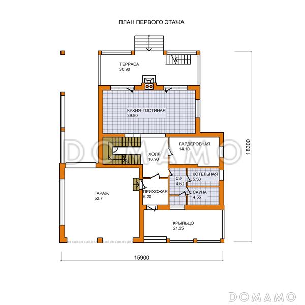 Проект дома из кирпича с экономичной двускатной крышей и навесом для автомобиля / План 1 этажа