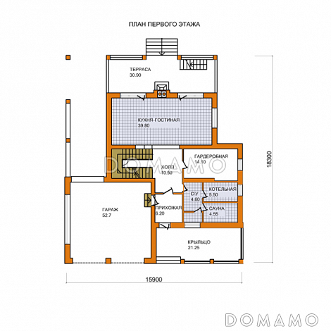 Проект дома из кирпича с экономичной двускатной крышей и навесом для автомобиля / План 1 этажа Проект дома из кирпича с экономичной двускатной крышей и навесом для автомобиля / План 1 этажа