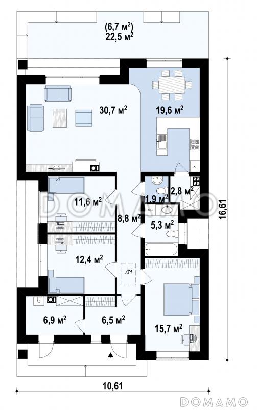 Проект стильного одноэтажного дома из кирпича с тремя спальнями / План 1 этажа