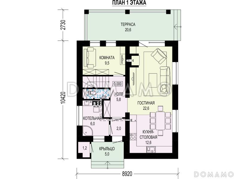 Проект загородного дома с террасой, комнатой на первом этаже, кладовой, лоджией / План 1 этажа