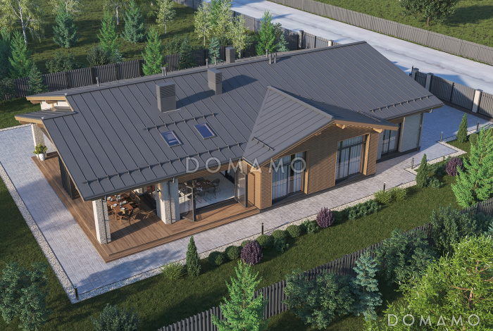 Проект современного дома с сауной, крытой террасой с барбекю, навесом для двух машин и 4 спальнями Проект современного дома с сауной, крытой террасой с барбекю, навесом для двух машин и 4 спальнями