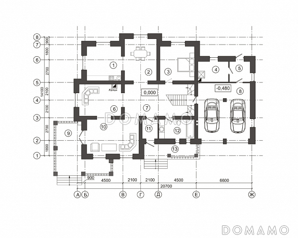 Проект загородного дома с лепниной на фасаде / План 1 этажа Проект загородного дома с лепниной на фасаде / План 1 этажа