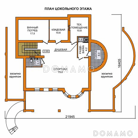Проект дома из газобетона для неровных участков / План цокольного этажа Проект дома из газобетона для неровных участков / План цокольного этажа