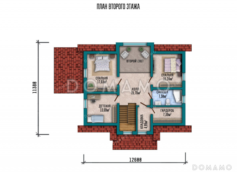 Проект одноэтажного дома с мансардой, террасой и тремя спальнями / План мансардного этажа