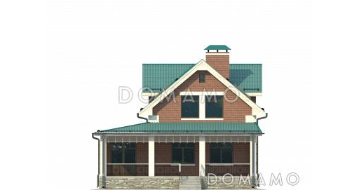 Проект великолепного дома из темного кирпича с верандой и зеленой крышей / Фасад 3