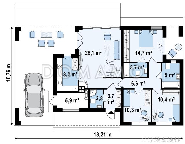 Проект современного одноэтажного дома из кирпича с тремя спальнями и оригинальным навесом для автомобиля совмещённым с террасой / План 1 этажа