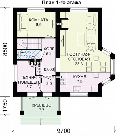 Проект дома из газобетона с тремя небольшими спальнями на мансардном этаже / План 1 этажа