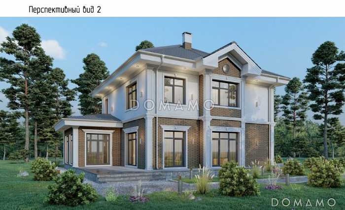 Проект загородного дома с верандой, полукруглым крыльцом, французским балконом, вытянутой кухней-гостиной-столовой