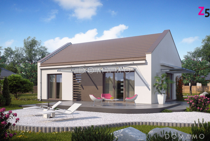 Проект компактного одноэтажного дома из кирпича с двумя спальнями и большой угловой открытой террасой Проект компактного одноэтажного дома из кирпича с двумя спальнями и большой угловой открытой террасой