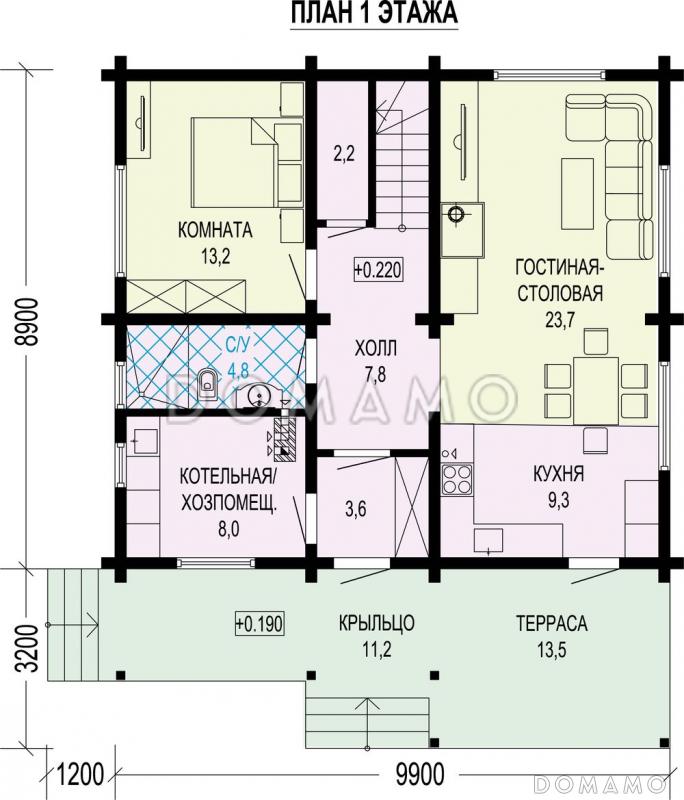 Проект загородного дома с террасой, комнатой на первом этаже, кладовой под лестницей, балконом / План 1 этажа
