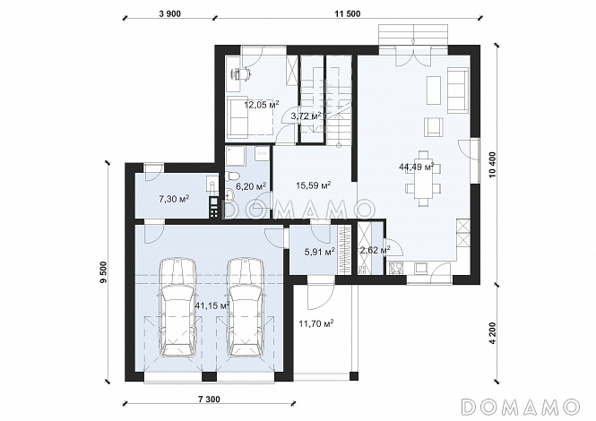 Проект современного дома с гаражом на две машины S-227 / План 1 этажа