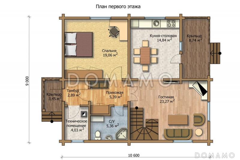 Проект дома из клееного бруса с большой спальней на первом этаже / План 1 этажа