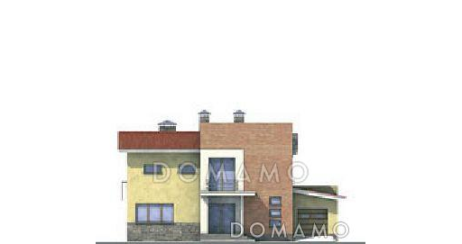 Проект двухэтажного дома из пеноблоков с гаражом и большой крытой террасой / Фасад 1