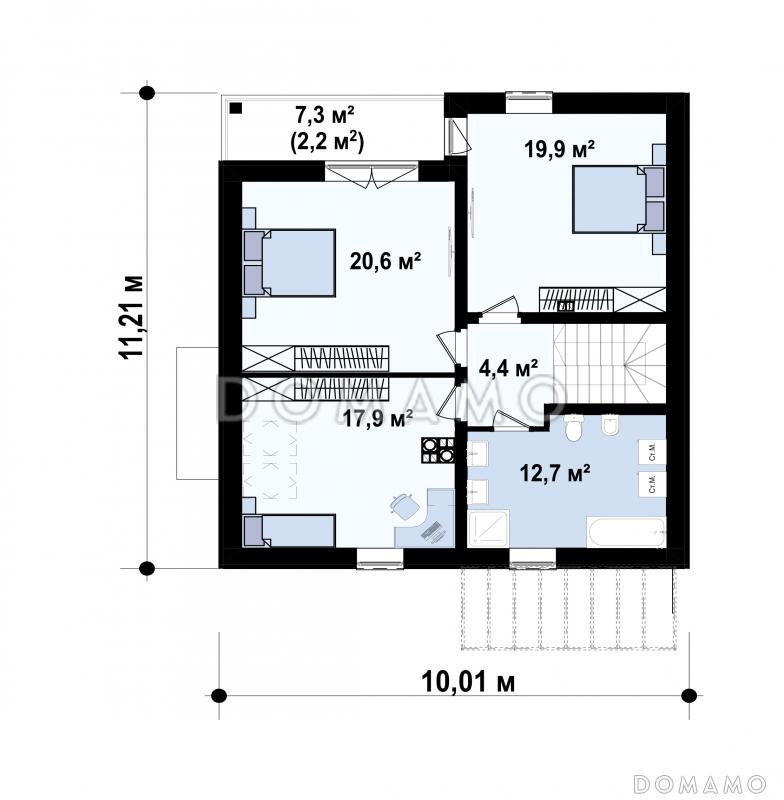 Проект комфортного дома с кладовой, балконом, тремя светлыми спальнями в мансарде / План мансардного этажа