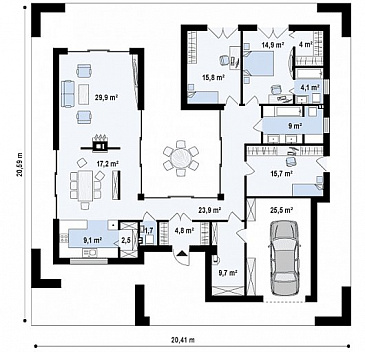 Проект современного одноэтажного дома из газобетона с тремя спальнями, гаражом и внутренним двориком / План 1 этажа Проект современного одноэтажного дома из газобетона с тремя спальнями, гаражом и внутренним двориком / План 1 этажа
