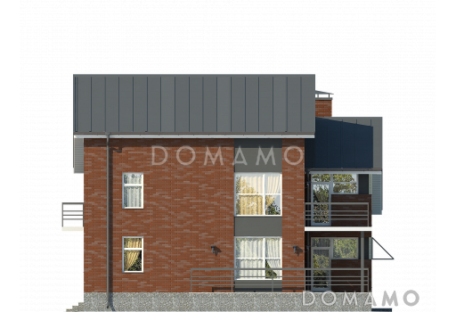 Проект дома с двухскатной крышей с мансардными окнами,  террасой, двумя балконами, кладовой на мансарде / Фасад 2