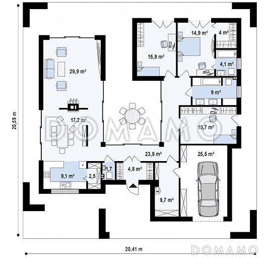Проект современного одноэтажного дома из газобетона с тремя спальнями, гаражом и внутренним двориком / План 1 этажа