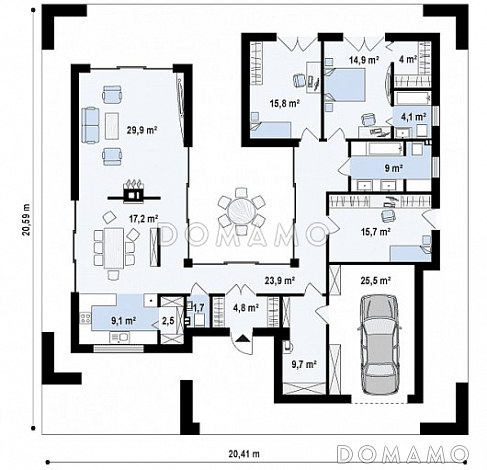 Проект современного одноэтажного дома из газобетона с тремя спальнями, гаражом и внутренним двориком / План 1 этажа Проект современного одноэтажного дома из газобетона с тремя спальнями, гаражом и внутренним двориком / План 1 этажа