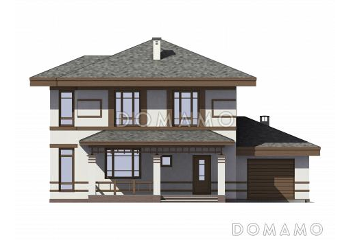 Проект двухэтажного газобетонного дома с гаражом,, масштабным остеклением и двумя террасами / Фасад 2