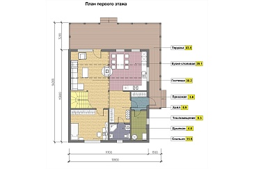 Проект мансардного дома из кирпича с крытой террасой, вторым светом и островным камином / План 1 этажа