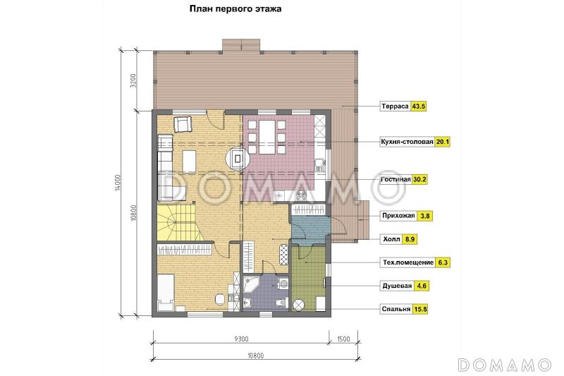 Проект мансардного дома из кирпича с крытой террасой, вторым светом и островным камином / План 1 этажа